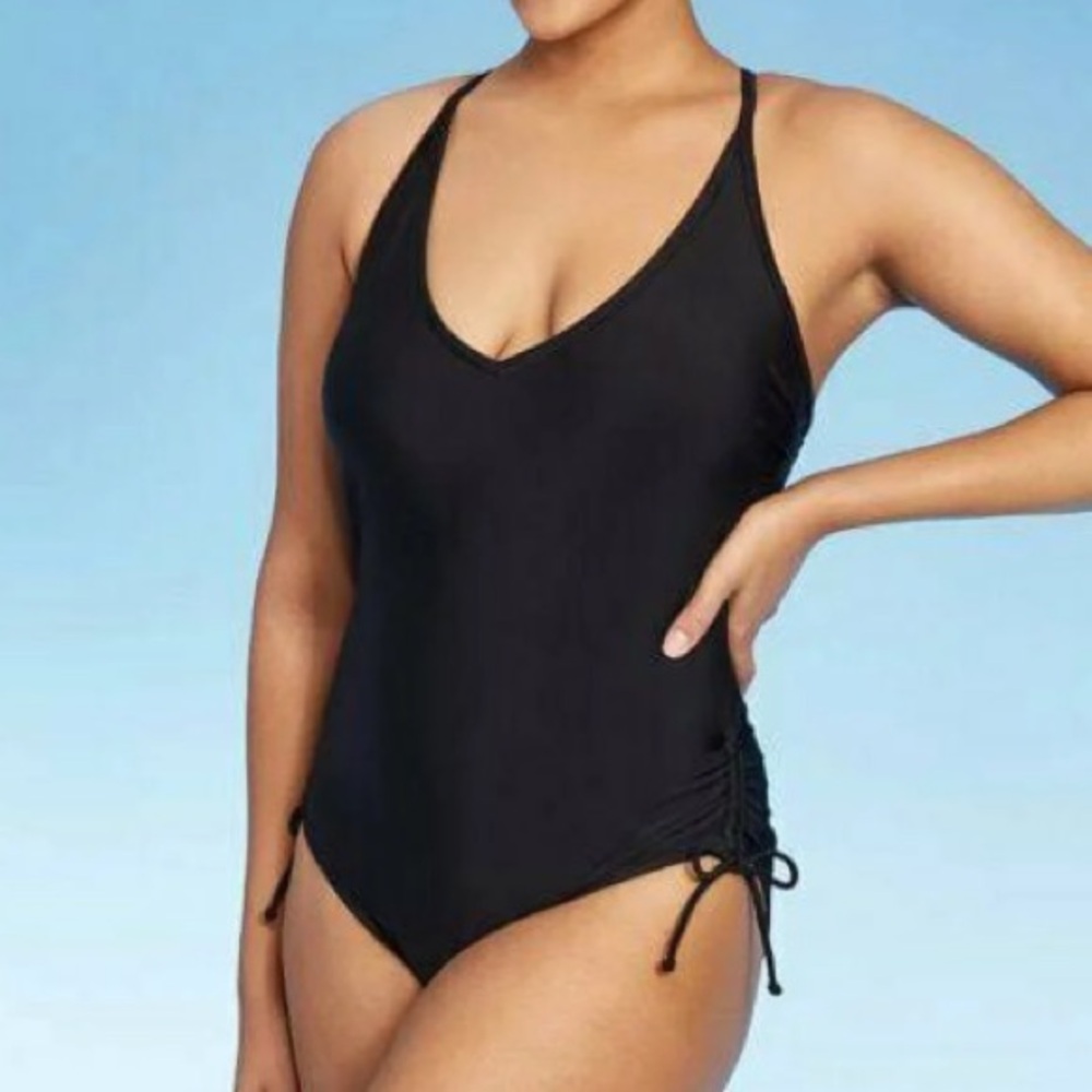 Kona Sol Black V Neck Side Strings One Piece Swimsuit Womens AFB72 Small NEW